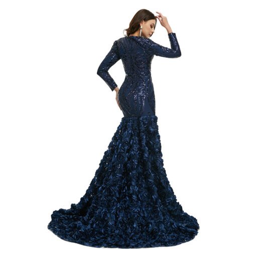 Long Sleeve Mermaid Prom Dress V Neck Sequins Blue Formal Dress - Image 4