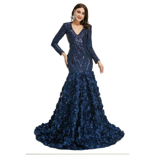 Long Sleeve Mermaid Prom Dress V Neck Sequins Blue Formal Dress - Image 2