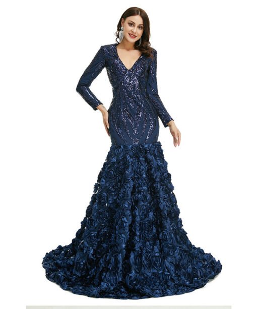 Alternative view of Long Sleeve Mermaid Prom Dress V Neck Sequins Blue Formal Dress