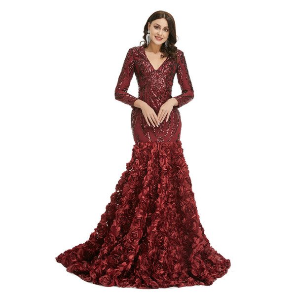 Long Sleeve Mermaid Prom Dress V Neck Sequins Blue Formal Dress - Image 7