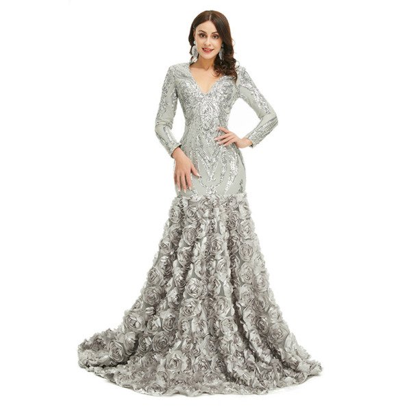 Long Sleeve Mermaid Prom Dress V Neck Sequins Blue Formal Dress - Image 10