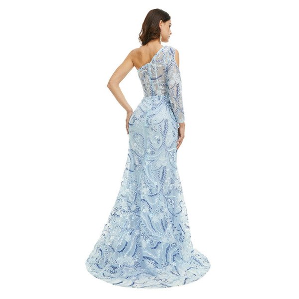 One Shoulder Long Sleeve Prom Dress Slit Mermaid Evening Dress - Image 3