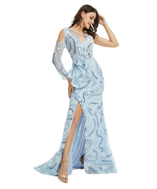 one shoulder long sleeve prom dress 1357-003