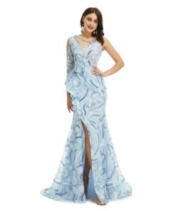 one shoulder long sleeve prom dress 1357-006
