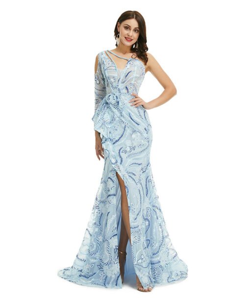 one shoulder long sleeve prom dress 1357-006
