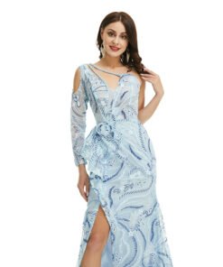 one shoulder long sleeve prom dress 1357-007
