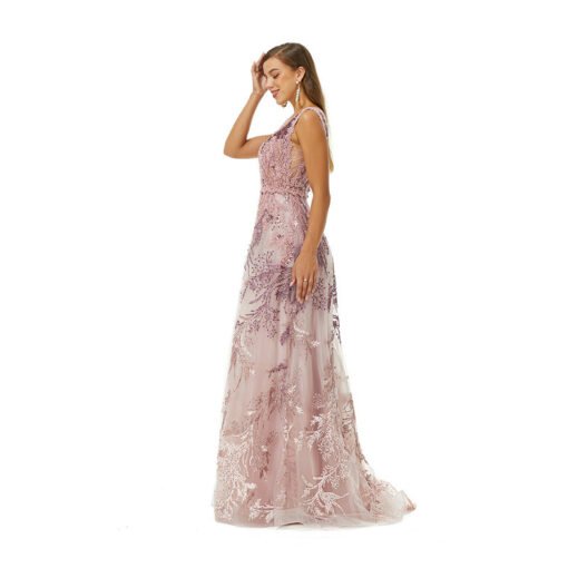 Pink Lace Prom Dress V Neck A Line Sleeveless Wedding Guest Dress - Image 6