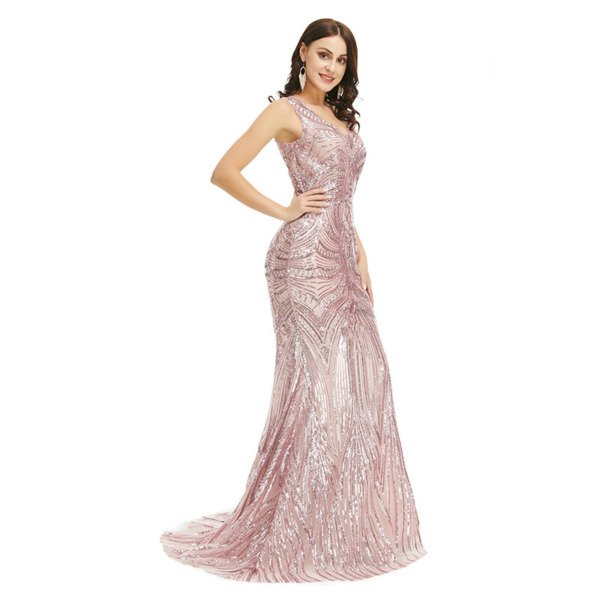 Rose Gold Mermaid Prom Dress V Neck Mermaid Sleeveless Formal Dress - Image 6