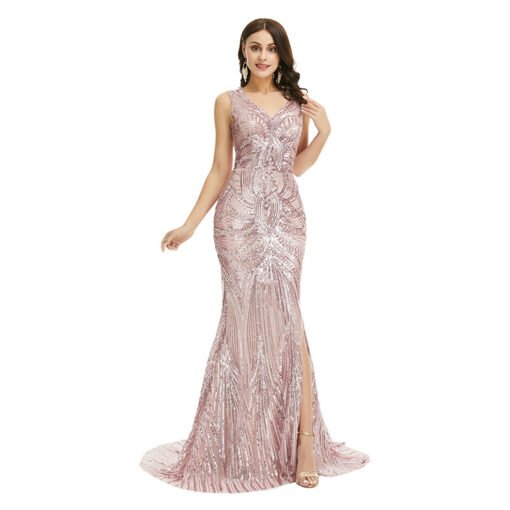 Rose Gold Mermaid Prom Dress V Neck Mermaid Sleeveless Formal Dress - Image 3