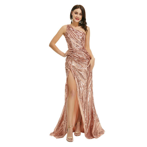 Rose Gold Prom Dress One Shoulder Slit Mermaid Formal Dress
