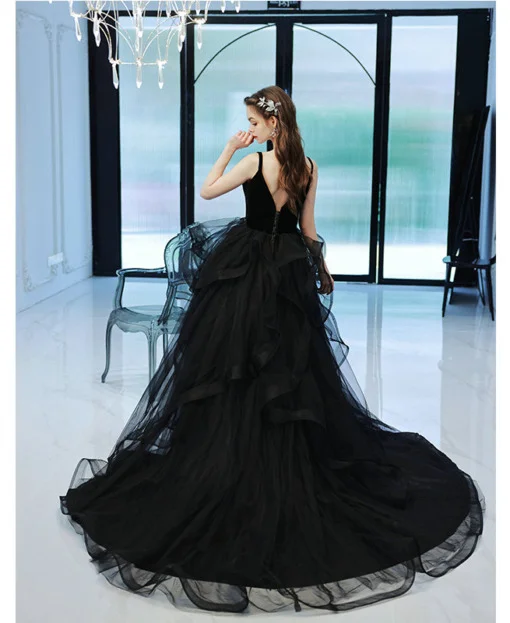 Cathedral Train Black Ball Gown Strapless Beaded Wedding Dresses 66818 –  Viniodress