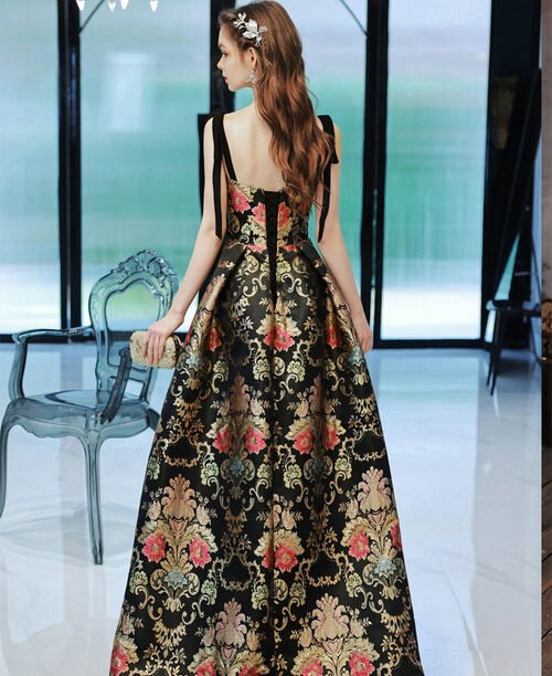 Alternative view of Floral Print Evening Gowns Black Spaghetti Strap A Line Prom Dress