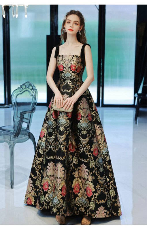 Floral Print Evening Gowns Black Spaghetti Strap A Line Prom Dress - Image 4