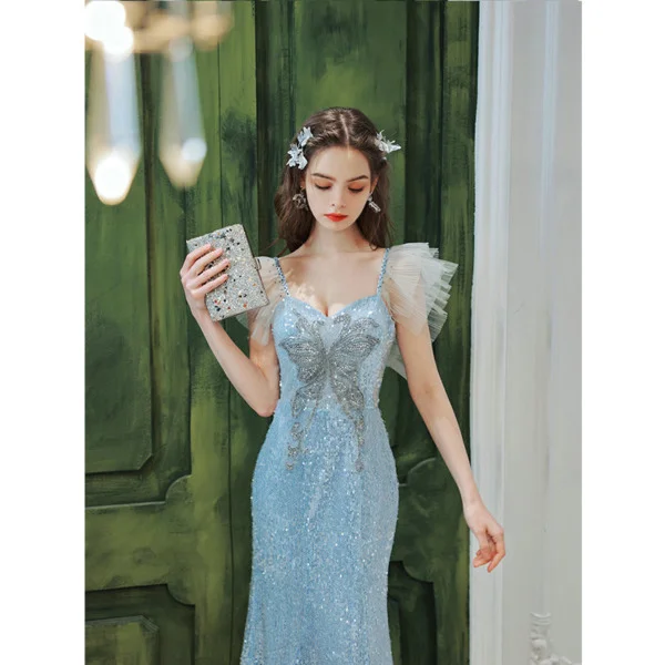 Light Blue Sequin Dress Spaghetti Strap V Neck Mermaid Prom Dress - Image 3
