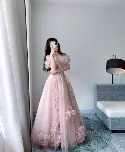 Baby Pink Prom Dress Off The Shoulder Princess Ball Gown Formal Dress