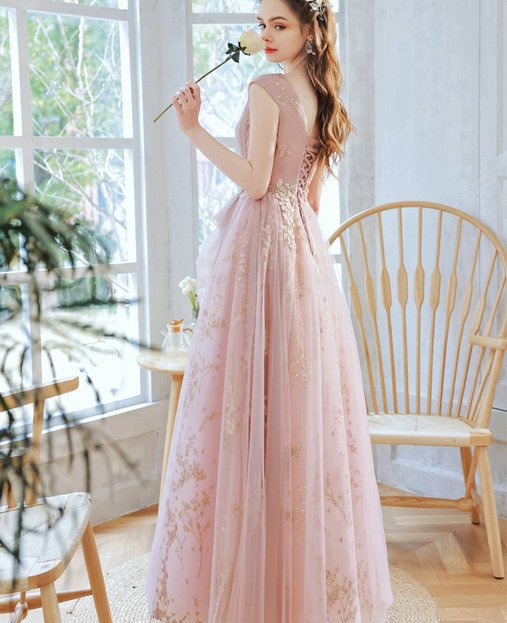 Pink And Gold Prom Dress A Line Sparkly Lace Formal Dress