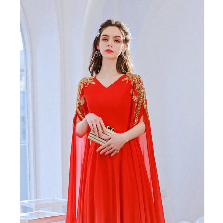 Red Prom Dresses 2022 V Neck Cape Sleeve Gold Beaded Evening Dress