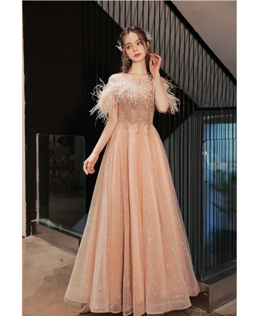 Glamorous Feather Adorned Off-the-Shoulder Party Dress Tangerine