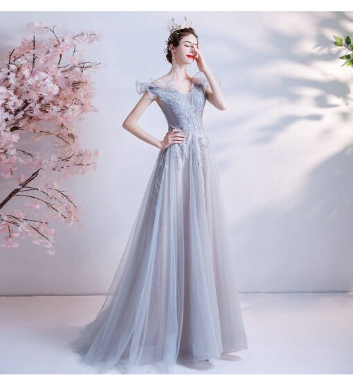 Gray Prom Dress Off The Shoulder A Line Formal Dress - Image 5