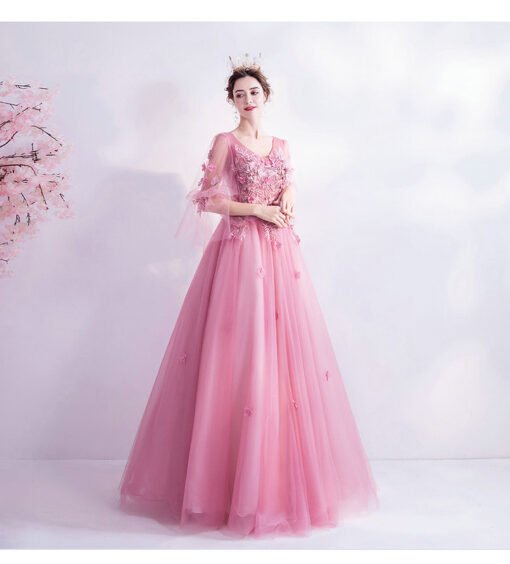 Hot Pink Prom Dress V Neck Long Sleeve Formal Gown With Flowers - Image 3