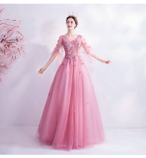 Hot Pink Prom Dress V Neck Long Sleeve Formal Gown With Flowers - Image 4