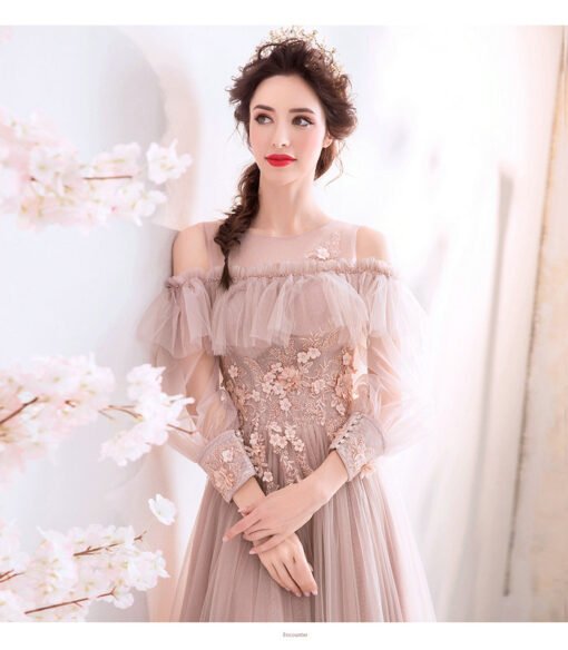Long Sleeve Pink Gown Off The Shoulder A Line Prom Dress - Image 4