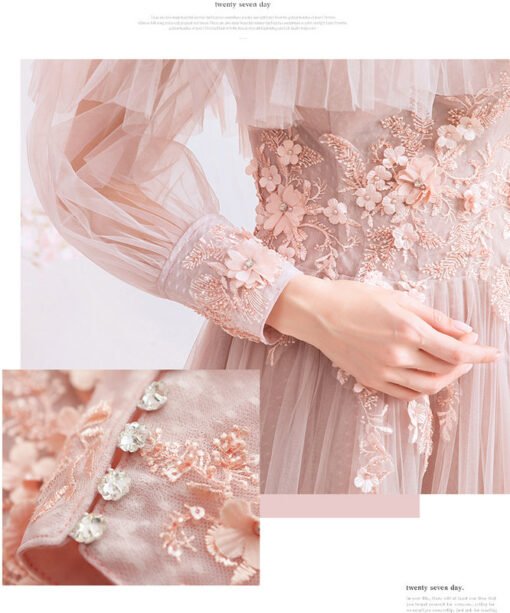 Long Sleeve Pink Gown Off The Shoulder A Line Prom Dress - Image 6