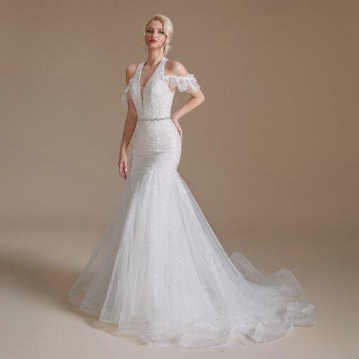 Mermaid Halter Wedding Dress Lace V Neck Bridal Gown - Image 4
