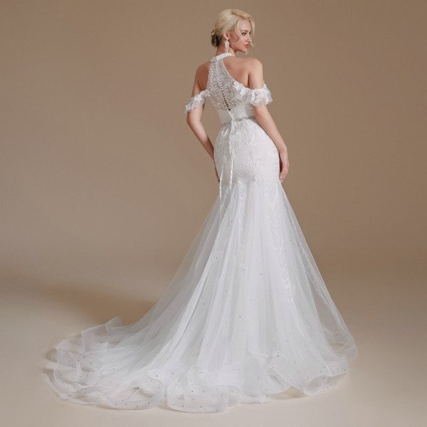 Mermaid Halter Wedding Dress Lace V Neck Bridal Gown - Image 5