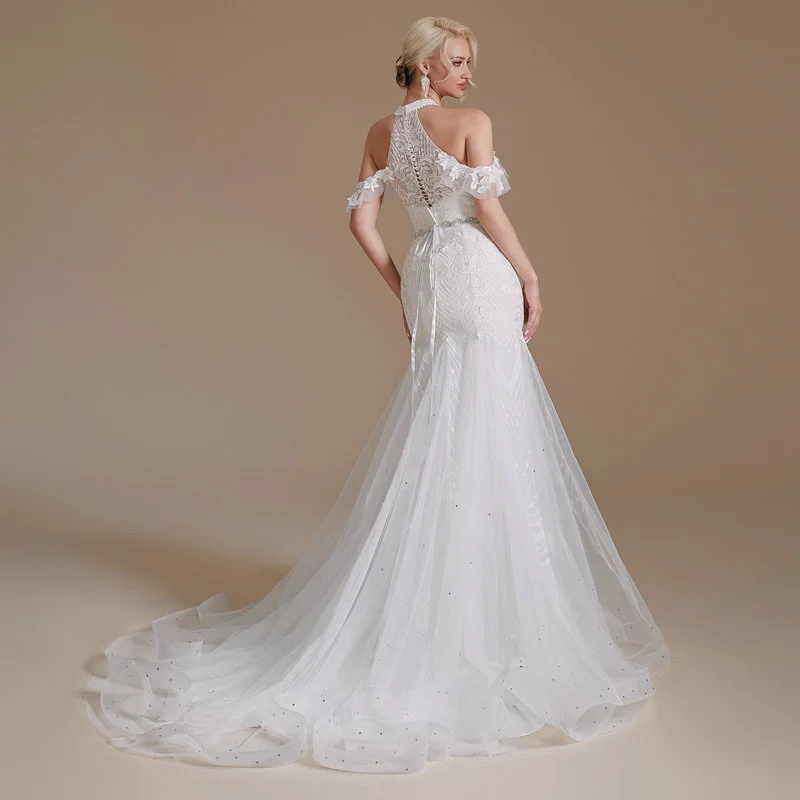 Mermaid Halter Wedding Dress Lace V Neck Bridal Gown - Image 5