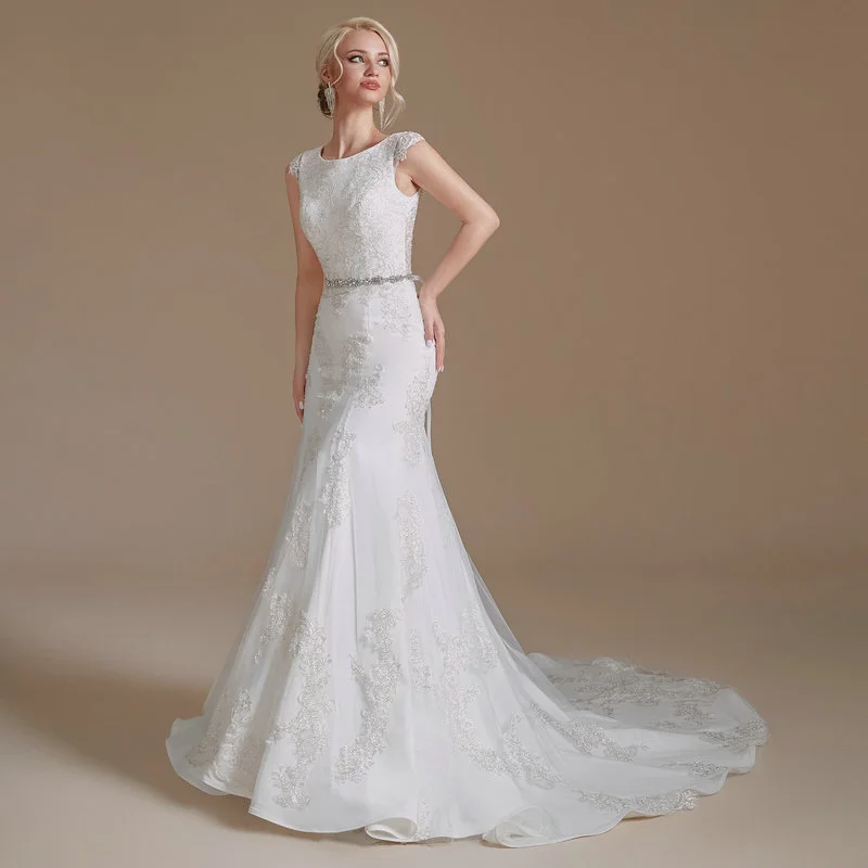 Mermaid Lace Wedding Dress Cap Sleeve Beaded Sash Bridal Dress - Image 3