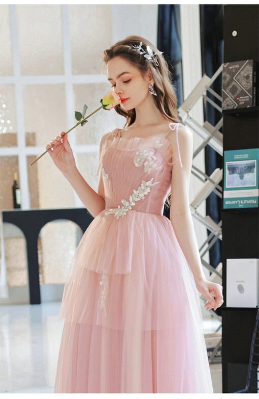 Pink Long Formal Dress Spaghetti Strap A Line Prom Dress - Image 5