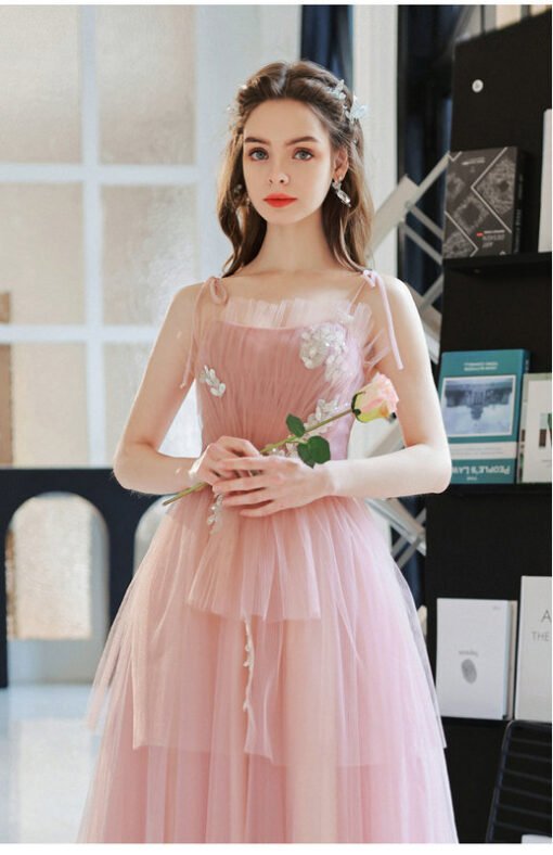 Pink Long Formal Dress Spaghetti Strap A Line Prom Dress - Image 3