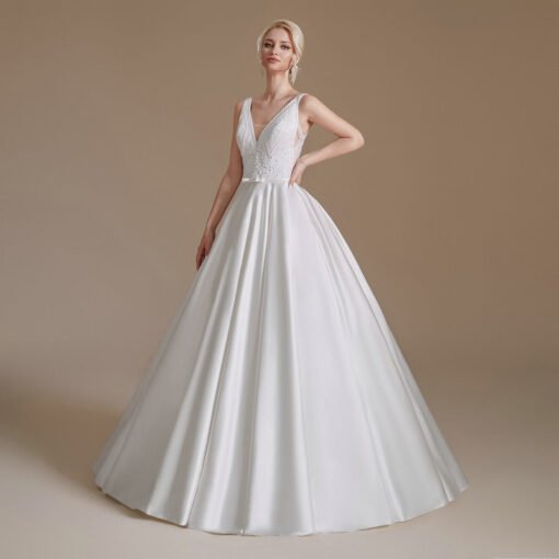 Satin Ball Gown Wedding Dress Strap Beaded Bridal Gown - Image 3