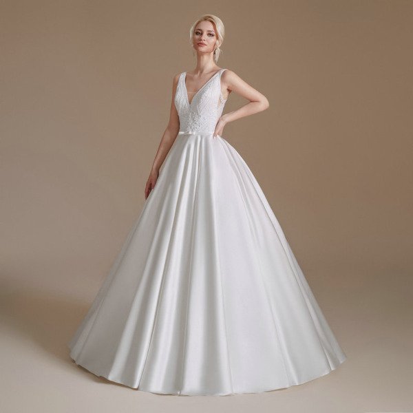 Satin Ball Gown Wedding Dress Strap Beaded Bridal Gown - Image 3