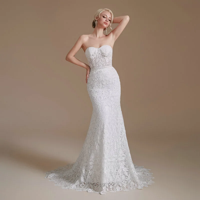 Strapless Mermaid Wedding Dress Removable Sleeves Lace Bridal Gown - Image 2