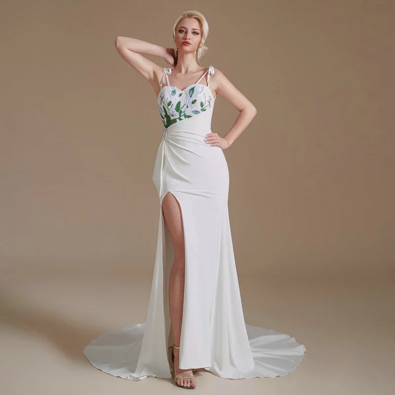 White Mermaid Prom Dress With Green Embroidery Flowers - Image 4
