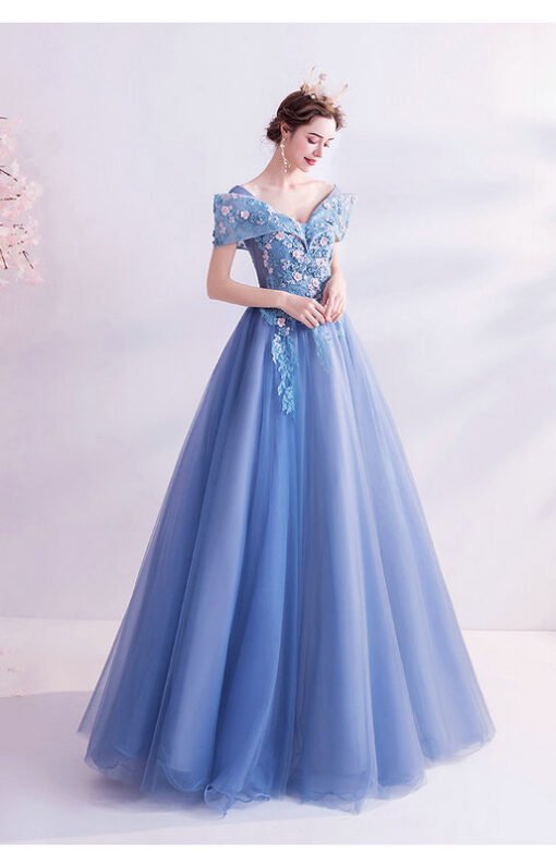 Off The Shoulder Blue Prom Dress With Pink Flowers - Image 6