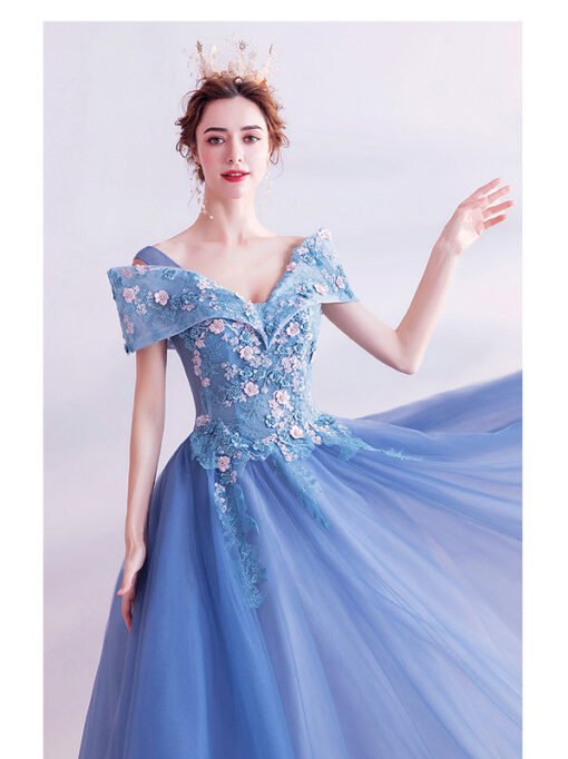 Off The Shoulder Blue Prom Dress With Pink Flowers - Image 5