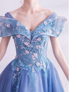 off the shoulder blue prom dress 1401-004