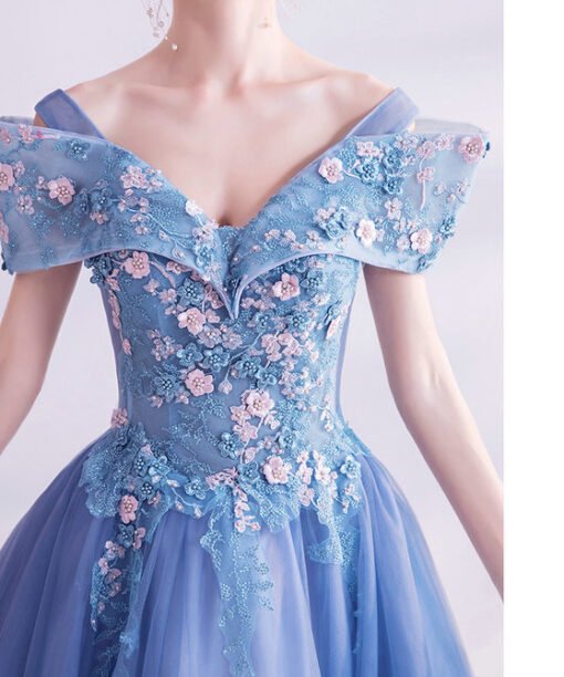 off the shoulder blue prom dress 1401-004