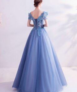 Alternative view of Off The Shoulder Blue Prom Dress With Pink Flowers