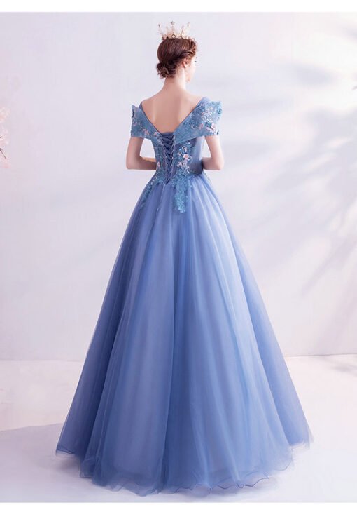 Off The Shoulder Blue Prom Dress With Pink Flowers - Image 2