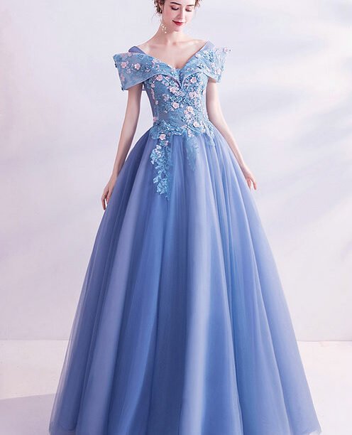 off the shoulder blue prom dress 1401-006