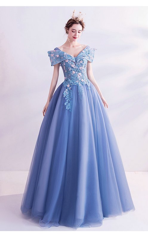 off the shoulder blue prom dress 1401-006