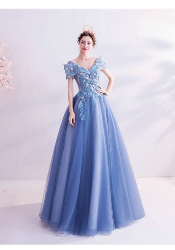 off the shoulder blue prom dress 1401-007