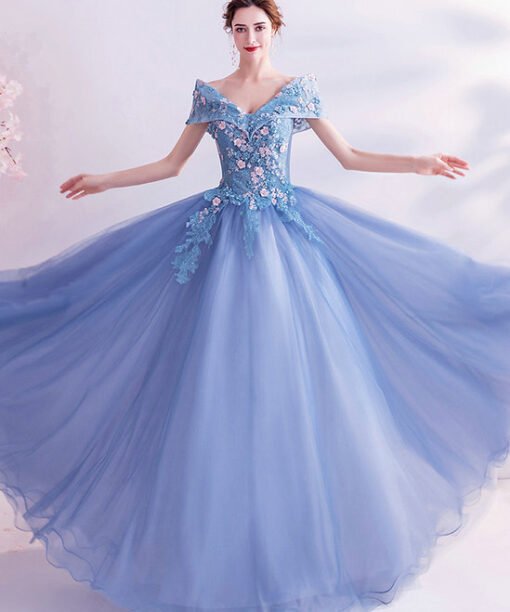 off the shoulder blue prom dress 1401-009