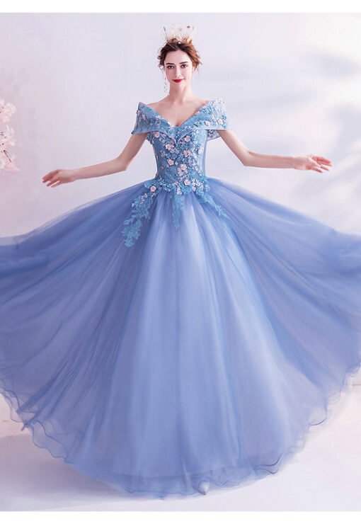 off the shoulder blue prom dress 1401-009