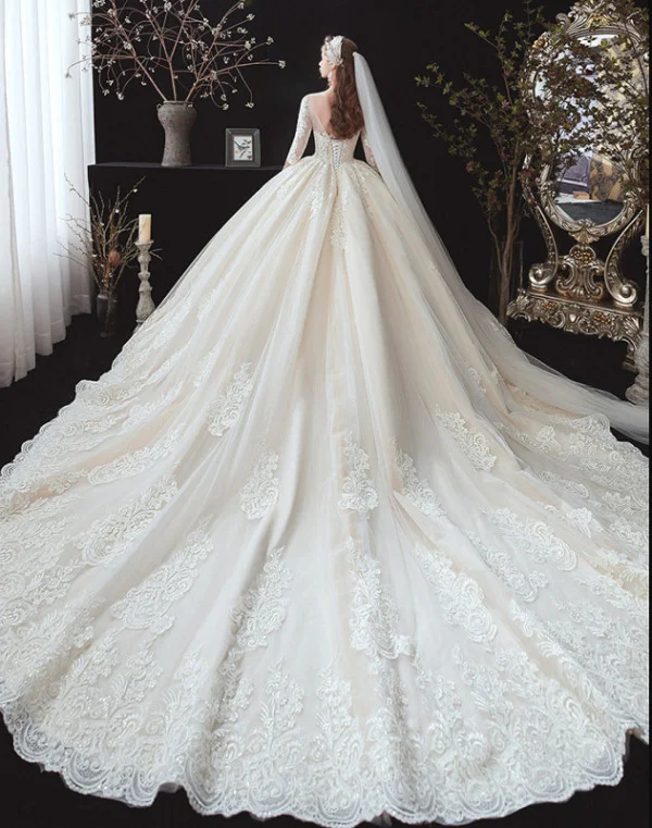 Ball Gown Wedding Dress With Sleeves Lace Bridal Gown - Image 4