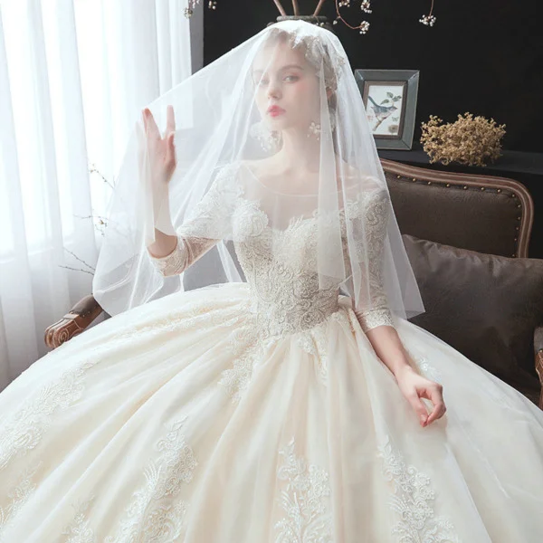 Ball Gown Wedding Dress With Sleeves Lace Bridal Gown - Image 3